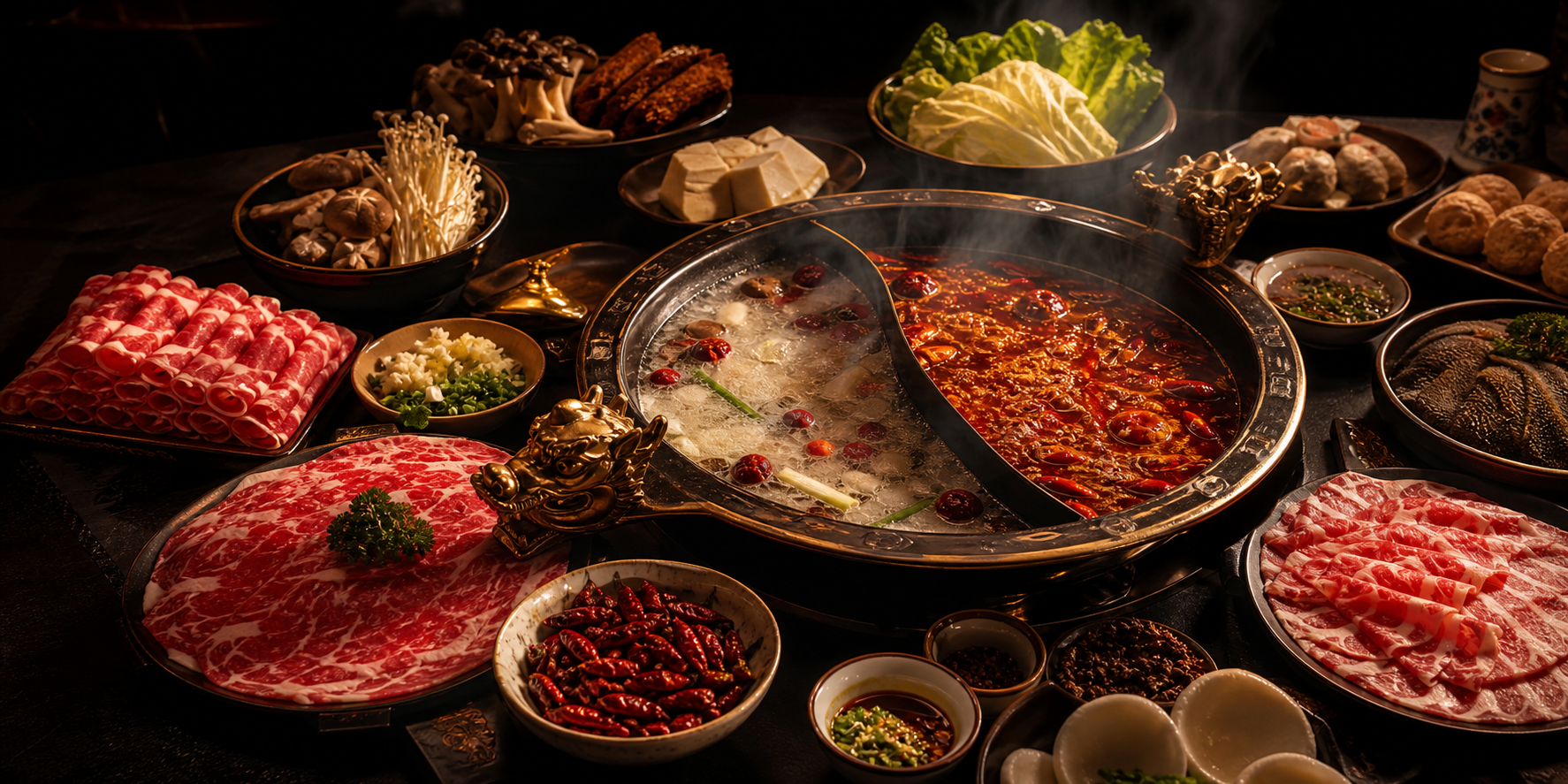 Chinese hotpot with spicy broth and fresh ingredients