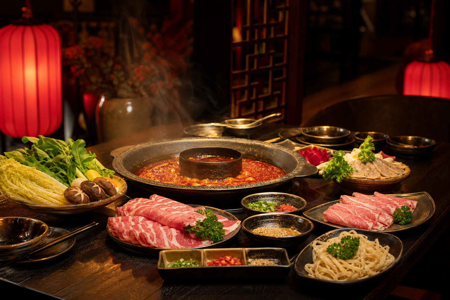 Chinese hotpot table prepared for sharing